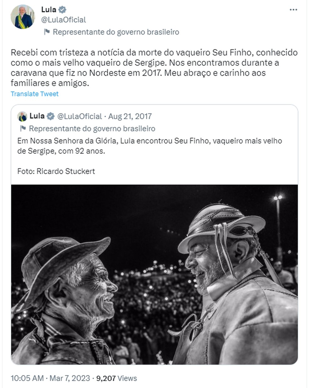 Lula e vaqueiro Seu Finho, de Nossa Senhora da Glória (SE) — Foto: Ricardo Stuckert