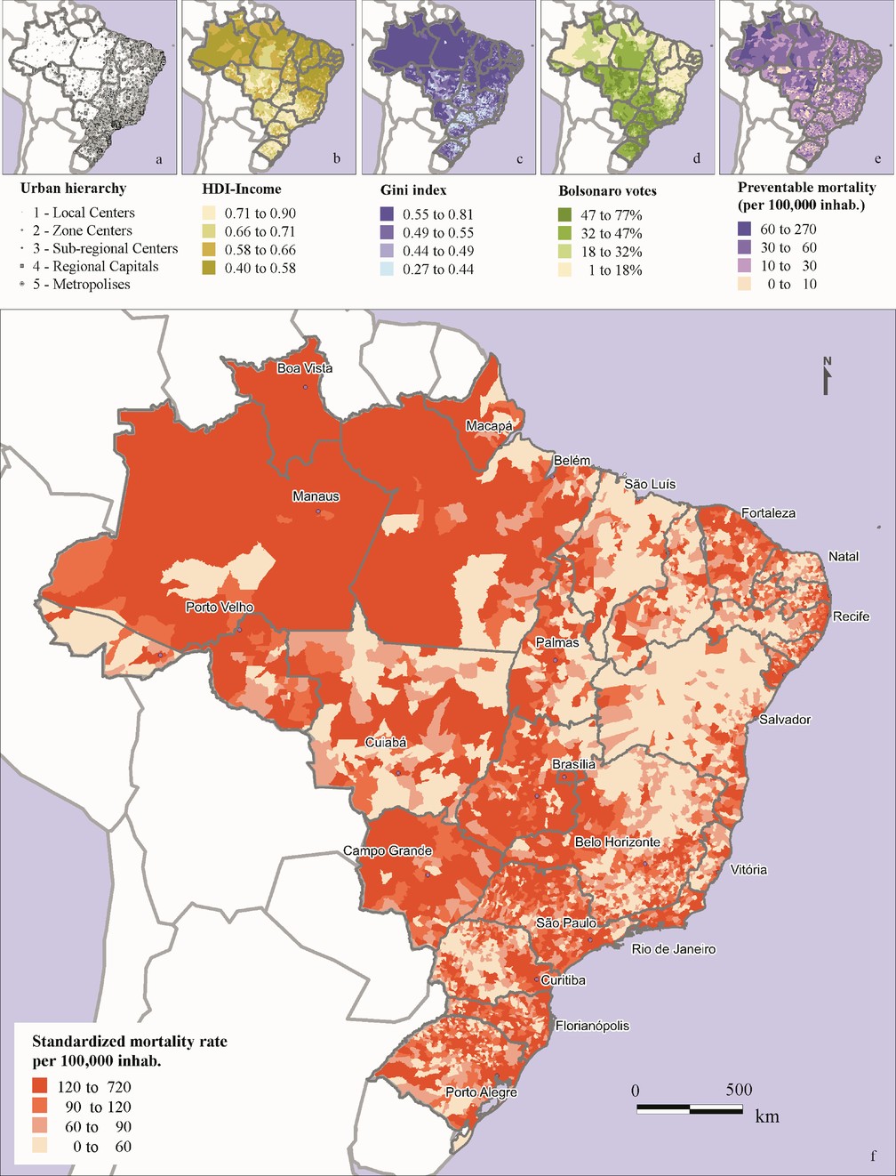 Na imagem, mapa grande mostra taxa de mortalidade por Covid-19 padronizada para cada 100 mil habitantes; acima, mapas menores mostram, da esquerda para direita, a hierarquia urbana das cidades segundo a classificação do IBGE; a renda conforme o IDH; o índice de Gini de desigualdade de renda; e, no mapa verde, a proporção de votos em Bolsonaro no segundo turno da eleição de 2018. — Foto: Diego Ricardo Xavier, Eliane Lima e Silva, Flávio Alves Lara, Gabriel R.R. e Silva, Marcus F. Oliveira, Helen Gurgel e Christovam Barcellos 