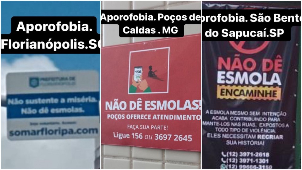 Campanhas de municípios brasileiros contra a doação de esmolas para moradores de rua.  — Foto: Reprodução/Redes Sociais