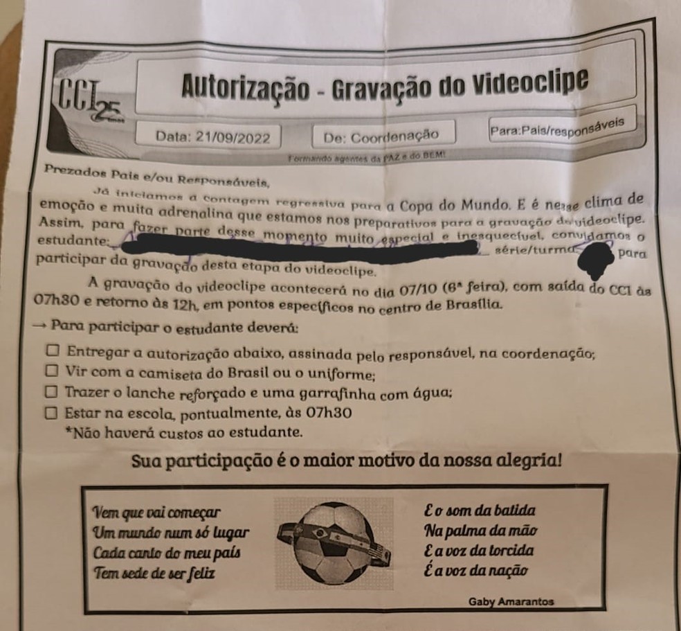 Reprodução do pedido de autorização da escola do DF enviado aos pais sobre passeio — Foto: Arquivo pessoal 