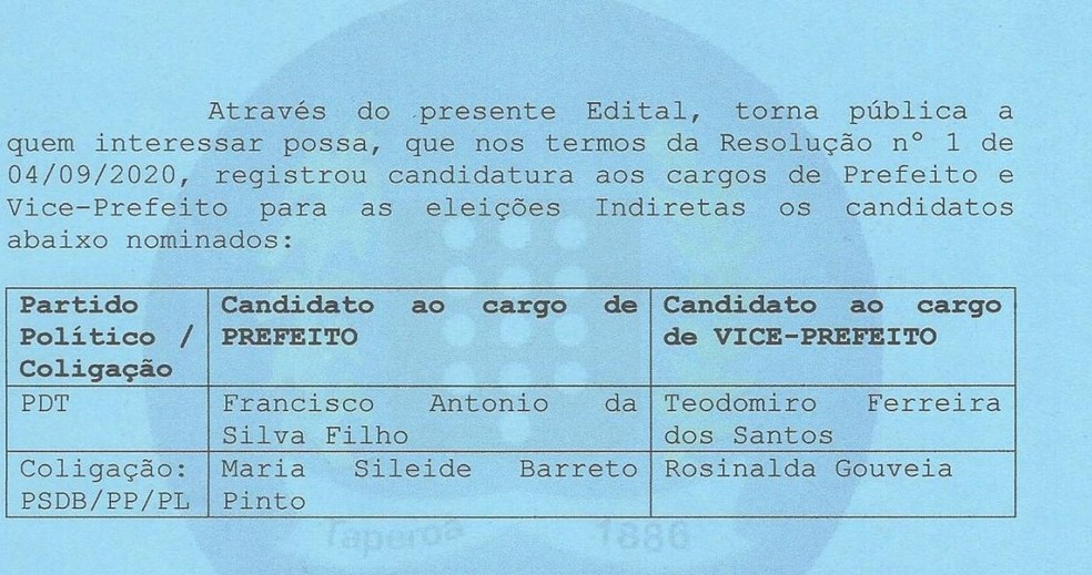 Confirma��o das chapas concorrentes ao pleito municipal � Foto: C�mara Municipal de Tapero�/Reprodu��o