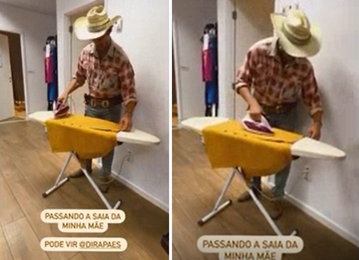 José Loreto passa a roupa de Dira Paes nos bastidores de Pantanal e faz brincadeira (Foto: Reprodução/Instagram)
