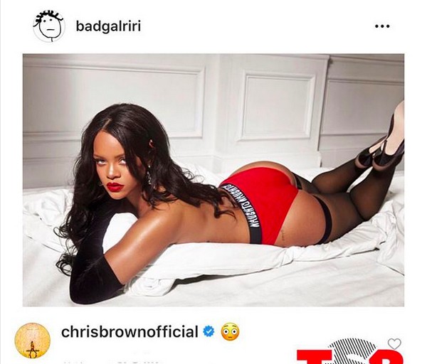 O comentário do rapper Chris Brown na foto compartilhada pela cantora Rihanna (Foto: Instagram)