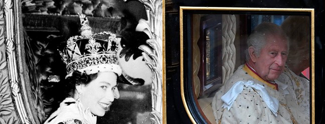 Passado e presente em imagens: as coroações de Elizabeth, em 1953, e de Charles, neste sábado, marcam começos e fins de ciclos no Reino Unido — Foto: Arquivo AFP / Glyn KIRK / AFP