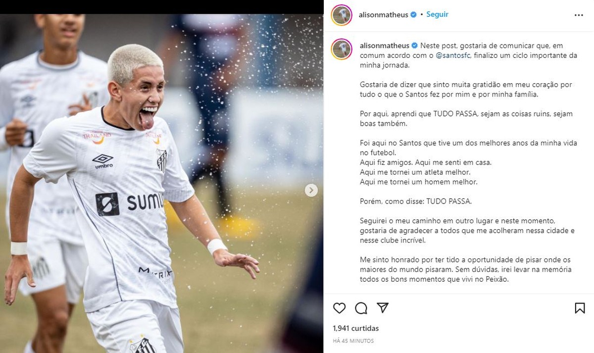 Santos rescinde contrato com atacante Alison Matheus, promessa do sub ...