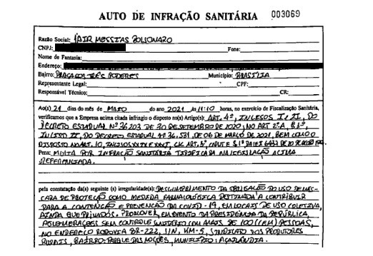 O Auto de Infração Sanitária enviado a Bolsonaro