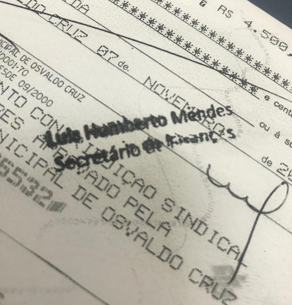 Cheques falsos foram emitidos em nome da Prefeitura de Osvaldo Cruz — Foto: Assessoria de Imprensa da Prefeitura de Osvaldo Cruz/Reprodução