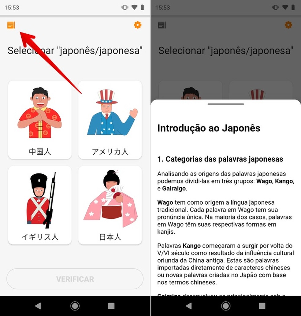 Visualizando dicas de aprendizado do curso; japonês e outros idiomas podem ser estudados no app — Foto: Reprodução/Helito Beggiora
