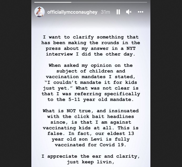 O post do ator Matthew Mcconaughey esclarecendo sua opinião sobre a vacinação contra COVID-19 para crianças (Foto: Instagram)