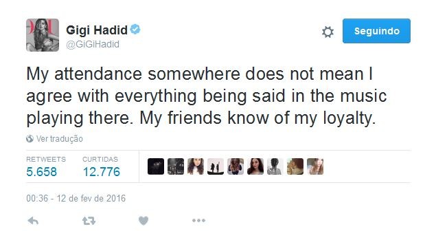 Gigi Hadid defendeu Taylor Swift no Twitter (Foto: Reprodução)