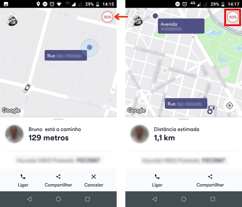 Botão de segurança do Cabify antes e durante a corrida — Foto: Reprodução/Raquel Freire