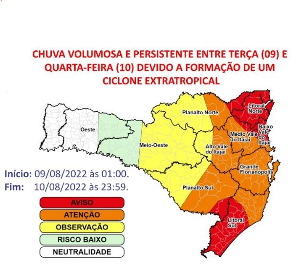 Ciclone deixa SC em alerta para enxurradas e deslizamentos, diz Defesa Civil