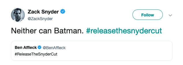 O tuíte de Zack Snyder chamando atenção para o pedido de Ben Affleck para que seja lançada a versão original de Liga da Justiça (2017) (Foto: Twitter)