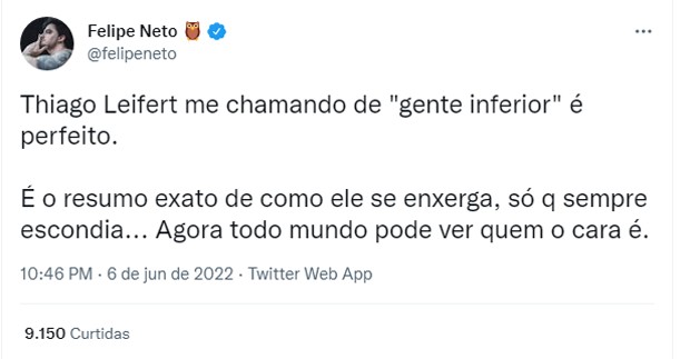 Felipe Neto rebate ataques de Tiago Leifert (Foto: Reprodução/Twitter)