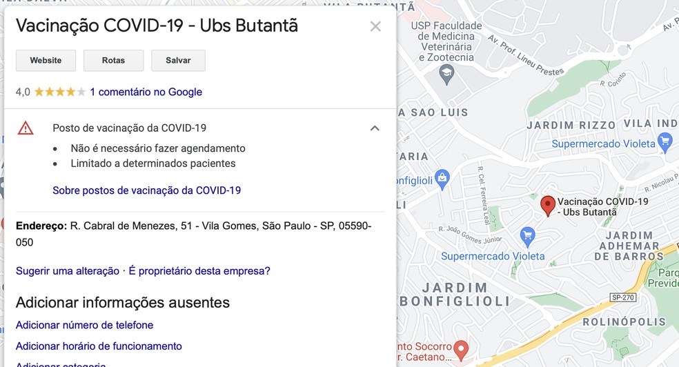 Google Maps tem 1,8 mil postos de vacinação catalogados — Foto: Reprodução/TechTudo