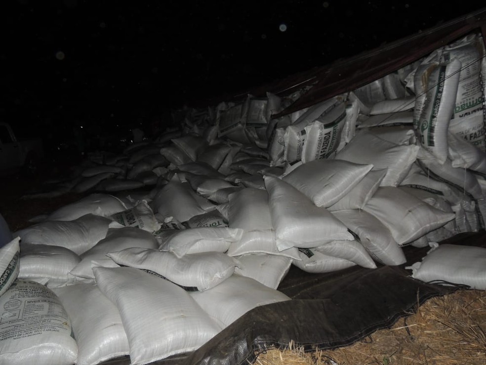 Cerca de 600 sacos de algodão foram espalhados na via (Foto: Wagner Medeiros)