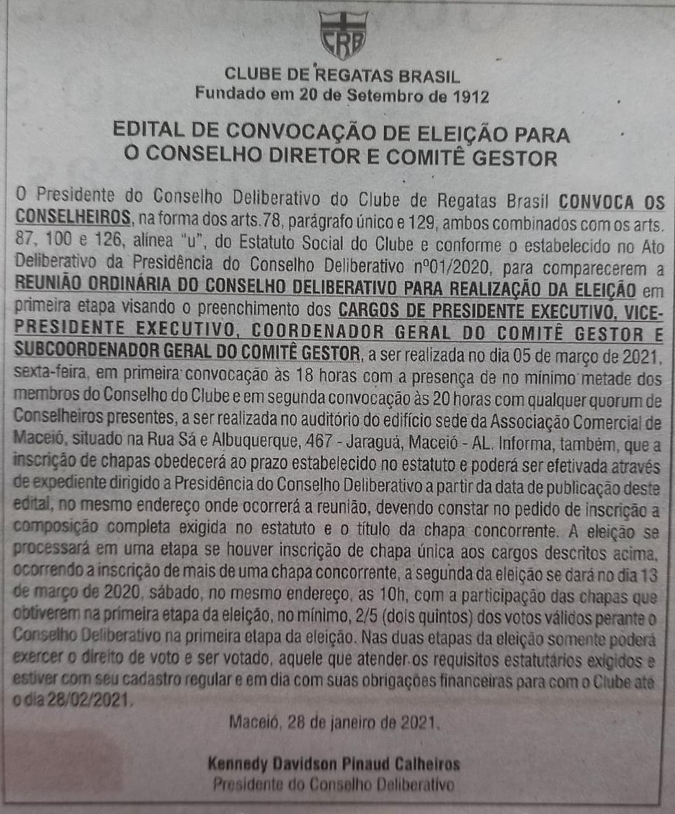 CRB lança Edital de Convocação para eleições do clube — Foto: Divulgação/CRB