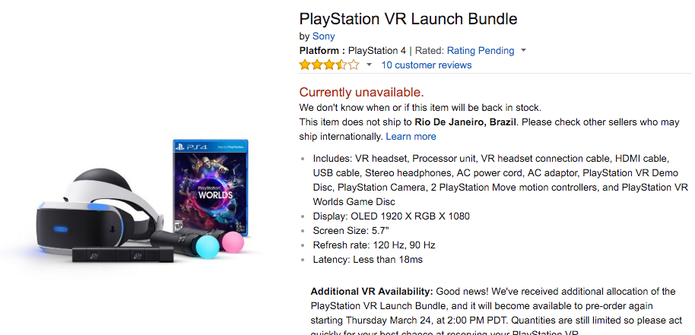 PlayStation VR custa US$ 400, mas está esgotado em várias lojas (Foto: Reprodução/Felipe Vinha)
