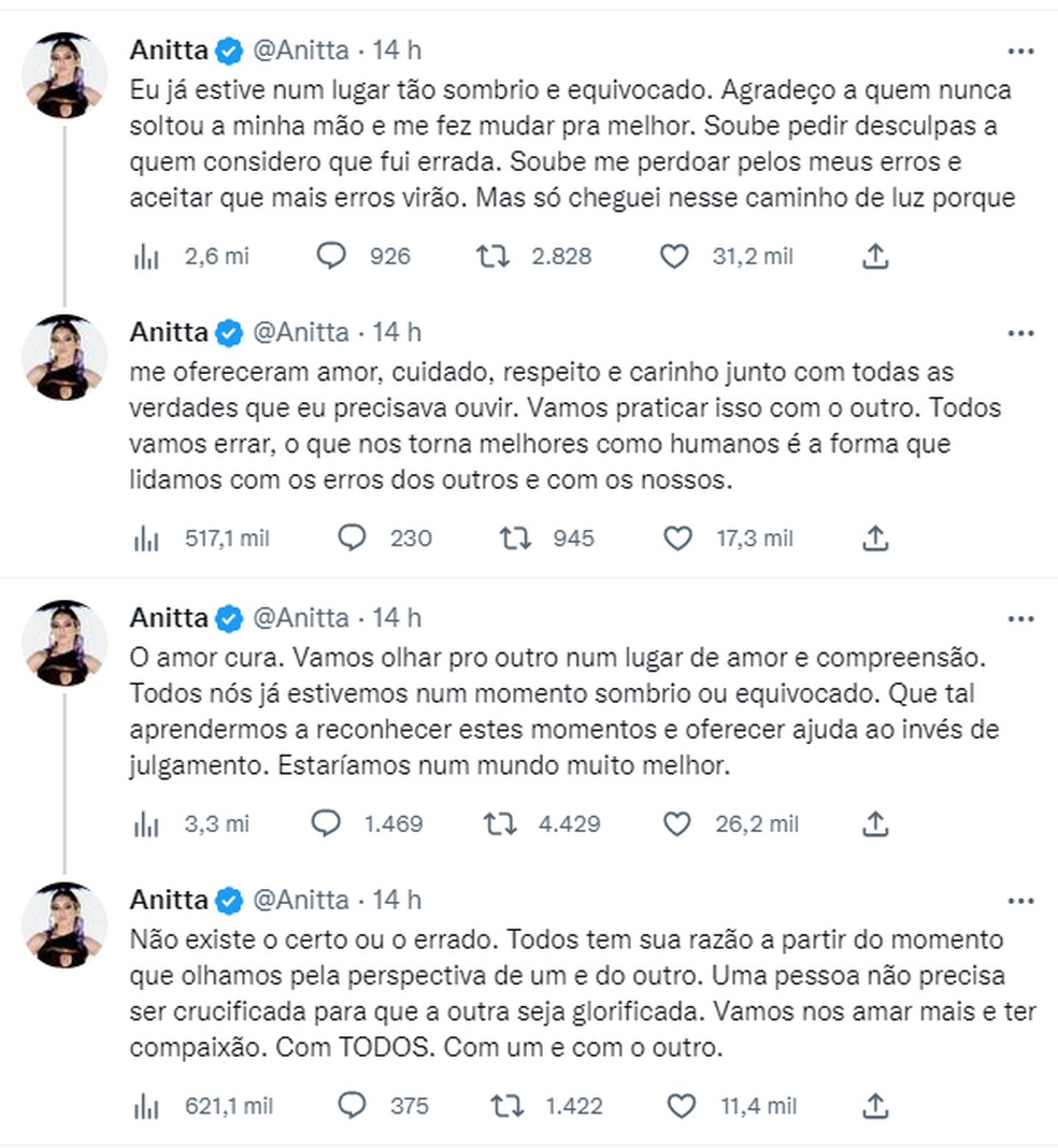 Anitta faz postagem reflexiva e internautas associam à polêmica entre Gkay e Porchat — Foto: Reprodução/Twitter/Anitta