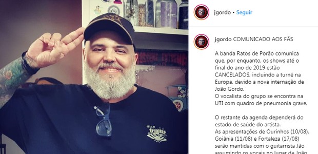 O post comunicando a internação de João Gordo (Foto: Reprodução Instagram)
