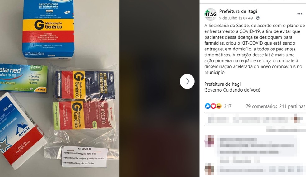 Secretaria de Itagi, na Bahia, cria 'Kit Covid' com remédios para pessoas sintomáticas e faz anúncio pelas redes sociais — Foto: Reprodução/Facebook