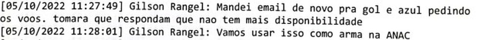 Mensagem extraída do processo, em que Gilson fala de como pretende pressionar Anac — Foto: Reprodução