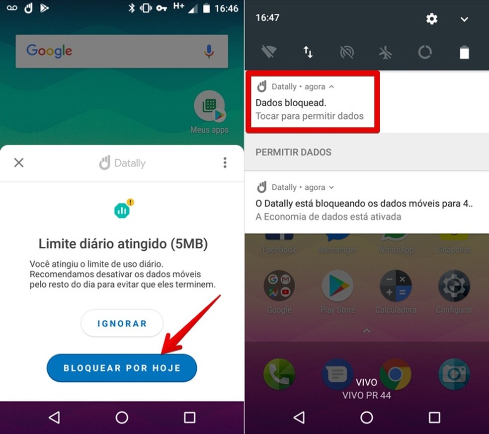 Mensagem de alerta sobre o limite de dados (Foto: Reprodu&ccedil;&atilde;o/Helito Bijora)