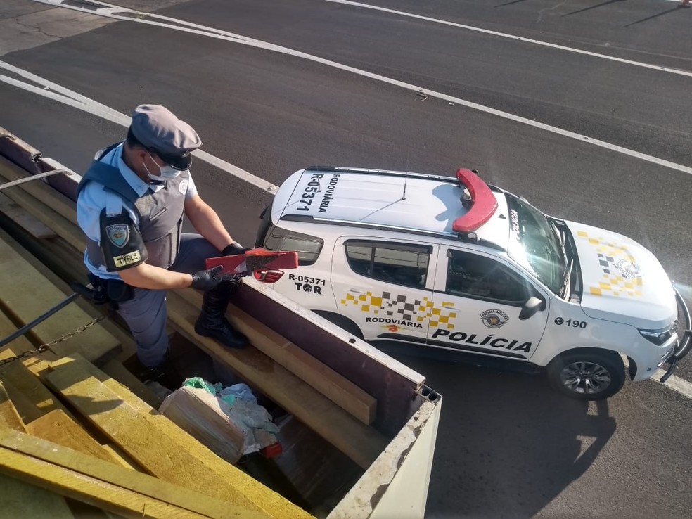 Carga de maconha estava escondida  em meio a um carregamento de madeira — Foto:  Polícia Rodoviária/Divulgação 