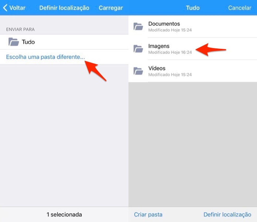 Ação para escolher uma pasta de destino para upload de arquivos realizados no app Amazon Drive — Foto: Reprodução/Marvin Costa