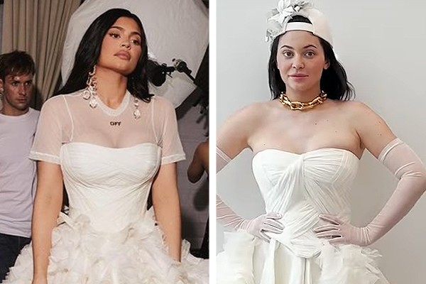 Kylie Jenner pronta para o Met Gala 2022 (à esquerda) e na prova do seu vestido duas semanas antes do evento (à direita) (Foto: Reprodução; reprodução / Instagram)