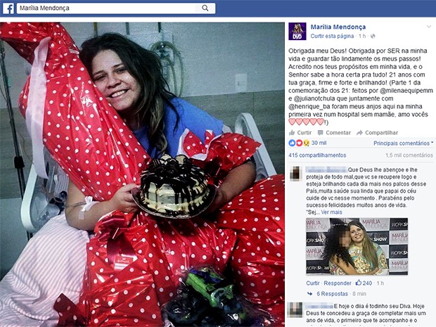 Marília Mendonça ganha festa surpresa e se recupera em hospital de Teresina (Foto: Reprodução/Facebook)