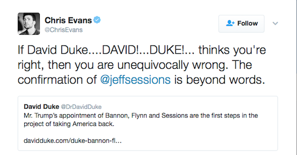 A crítica de Chris Evans a David Duke (Foto: Twitter)