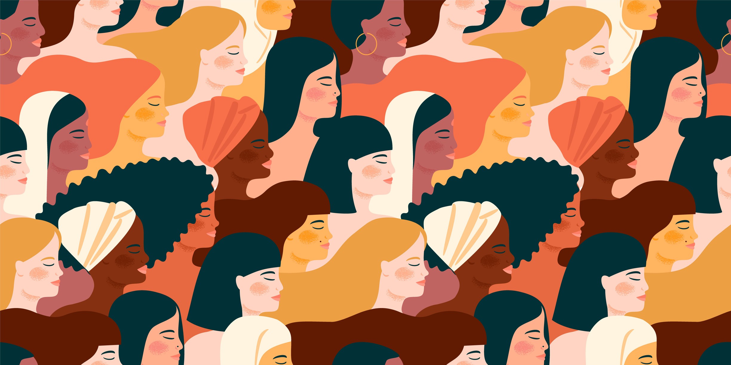 International Womens Day. Vector seamless pattern with with women different nationalities and cultures. Struggle for freedom, independence, equality. (Foto: Getty Images/iStockphoto)