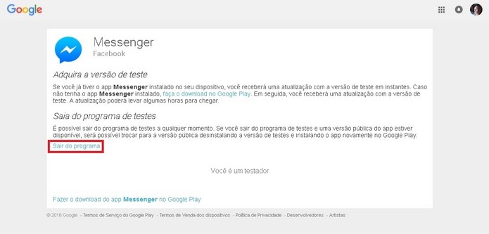 Destaque em link para sair do programa Beta tester do Messenger (Foto: Reprodução/Raquel Freire)