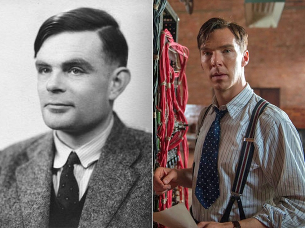 À esquerda, o matemático britânico Alan Turing, e, à dir., o ator Benedict Cumberbatch em 'O jogo da imitação' (Foto: AFP e Divulgação)