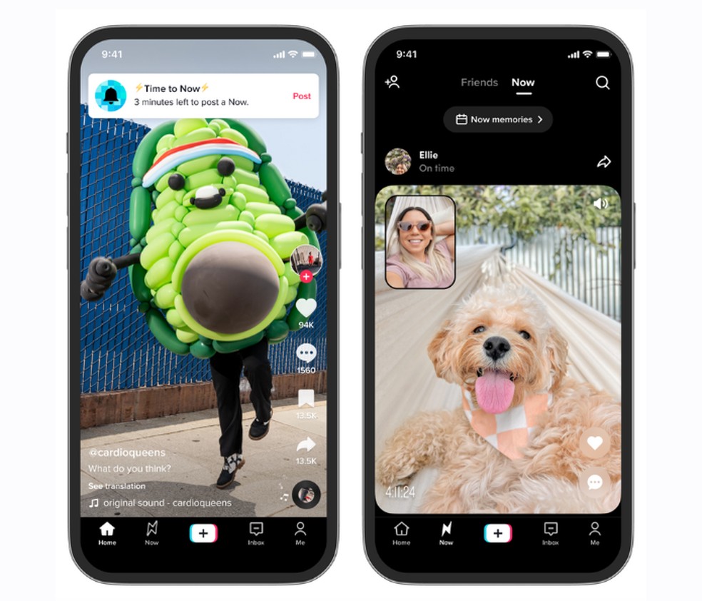 Com o TikTok Now, usuários deverão publicar fotos ou vídeos utilizando a câmera frontal e traseira do celular – ideia é compartilhar momentos de forma espontânea — Foto: Divulgação/TikTok