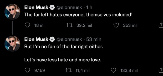 Através de sua conta no Twitter, Elon Musk pede menos ódio e mais amor (Foto: Reprodução / Twitter)
