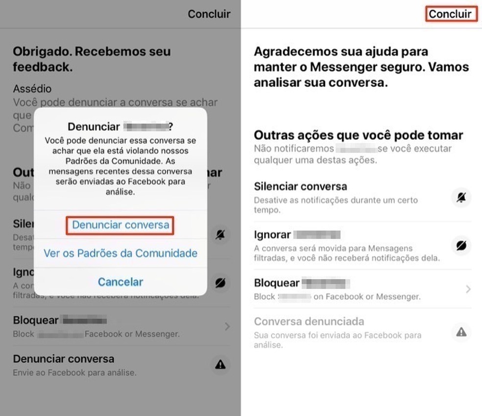 Ação para finalizar a denúncia de um perfil no Facebook Messenger — Foto: Reprodução/Marvin Costa
