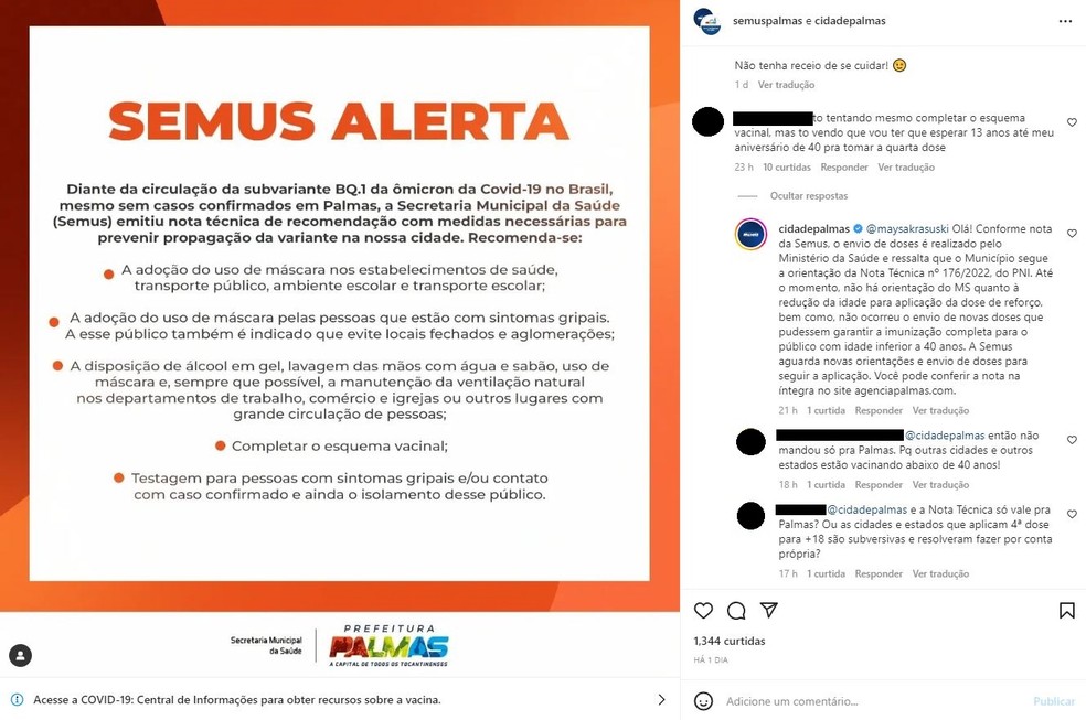 Em postagem da prefeitura, moradores de Palmas reclamam da vacinação da quarta dose apenas para 40+ — Foto: Reprodução/Instagram