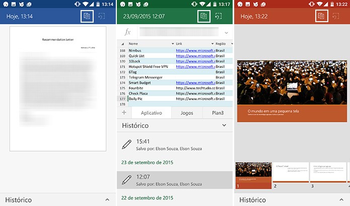Office para Android traz botão para salvar cópia de históricos de documento (Foto: Reprodução/Elson de Souza)