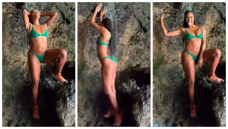A atriz Gabrielle Union tomando banho de cachoeira
