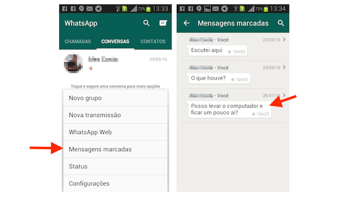 Acessando mensagens marcadas com estrela no WhatsApp para Android (Foto: Reprodução/Marvin Costa)
