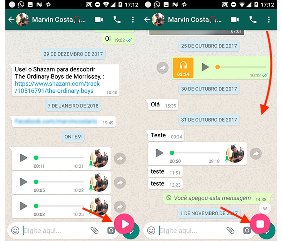 Ação para iniciar e finalizar uma captura de conversa do WhatsApp com o app LongScreenshot (Foto: Reprodução/Marvin Costa)