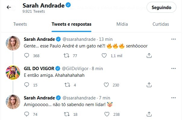 Sarah Andrade elogia Paulo André Camilo (Foto: Reprodução/Twitter)