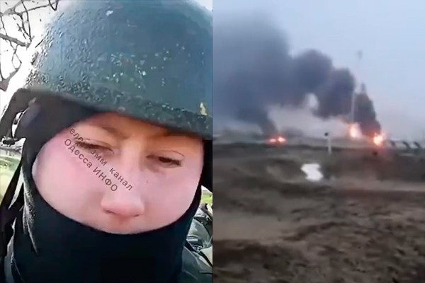 Soldado em vídeo realizado na Ilha das Serpentes e um dos ataques realizados pelo exército russo (Foto: reprodução Twitter)