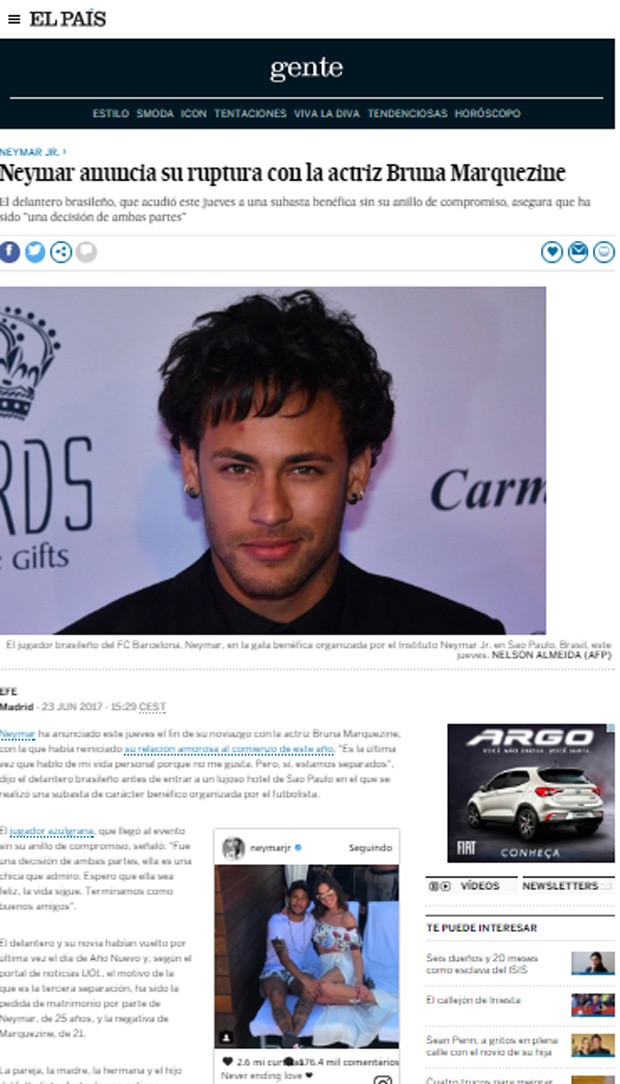 Separação de Neymar e Bruna Marquezine é destaque na mídia internacional (Foto: Reprodução)