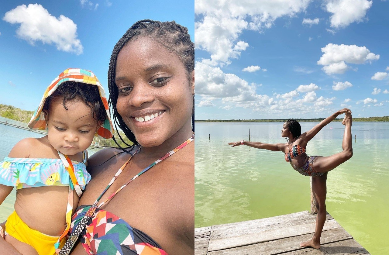 Ingrid Silva aproveita a lagoa Kaan Luum, no México, com a filha Laura e o marido Fernando (Foto: Reprodução Instagram)