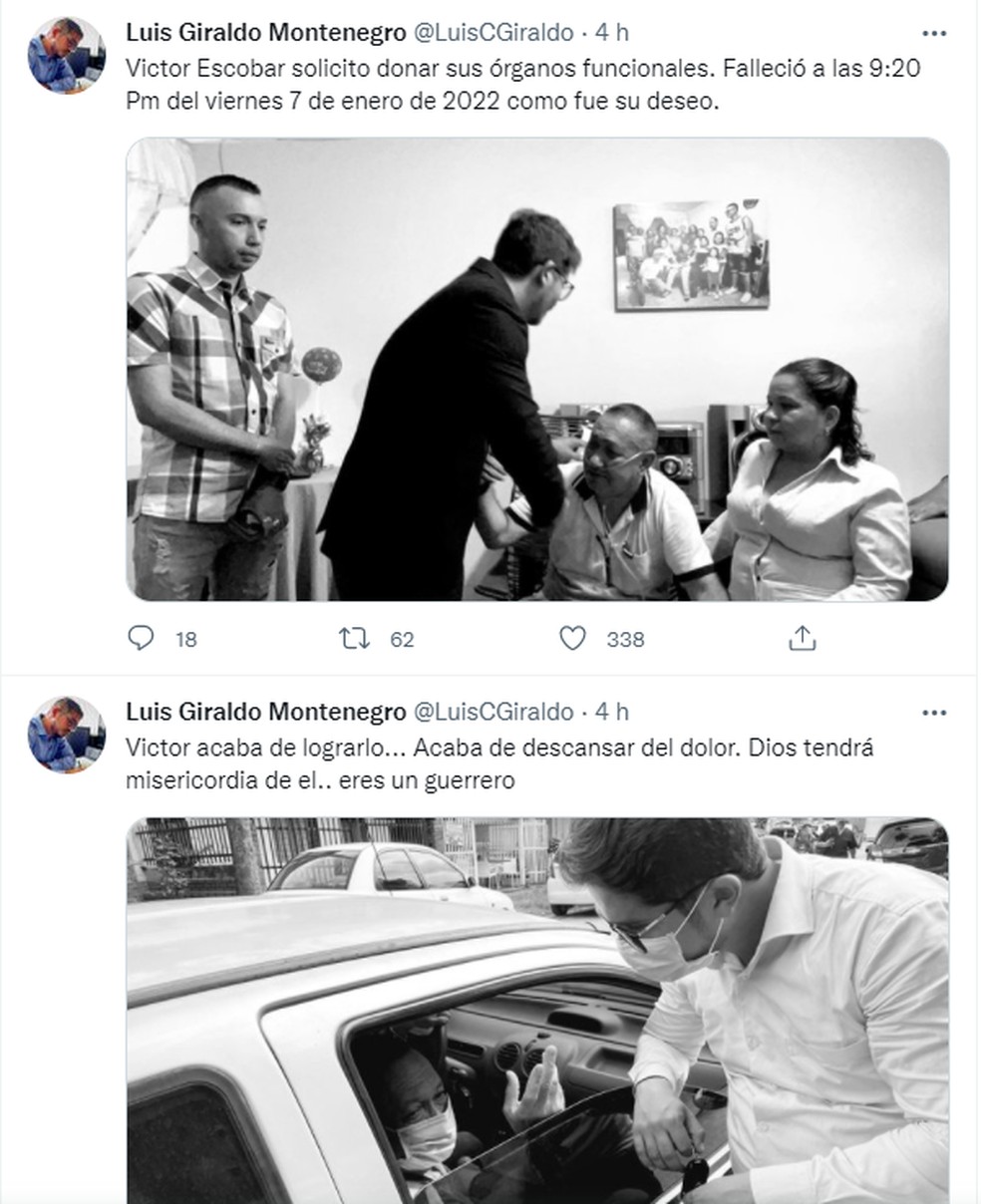 Advogado Luis Giraldo Montenegro confirma a morte de colombiano Victor Escobar Prado — Foto: Reprodução Twitter/@LuisCGiraldo