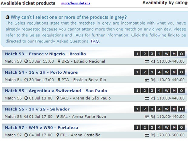 A maioria dos torcedores encontra os ingressos indisponíveis (em preto) no site da Fifa (Foto: Reprodução/Fifa.com)