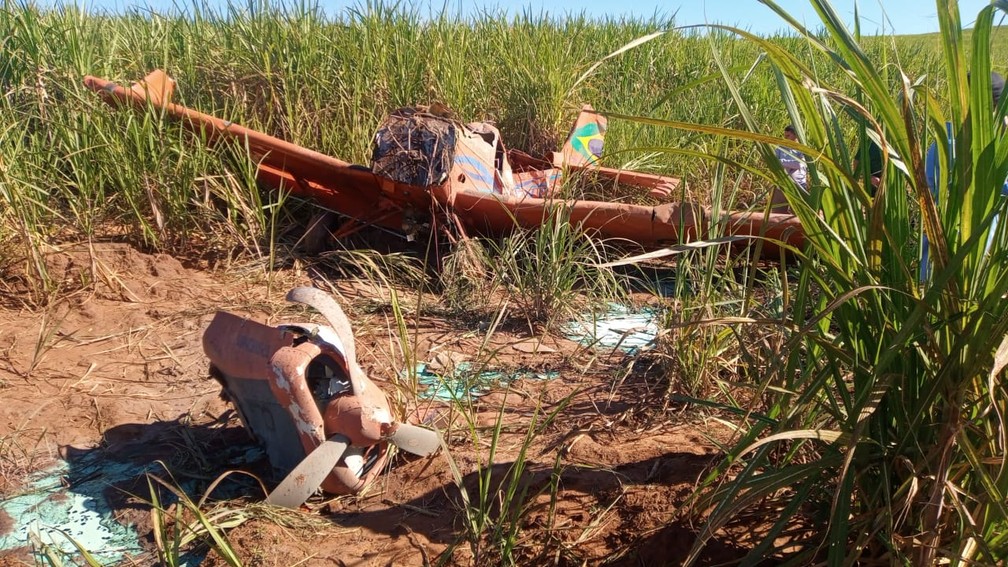 Avião quebrou em várias partes após queda em Umuarama — Foto: PM/Divulgação